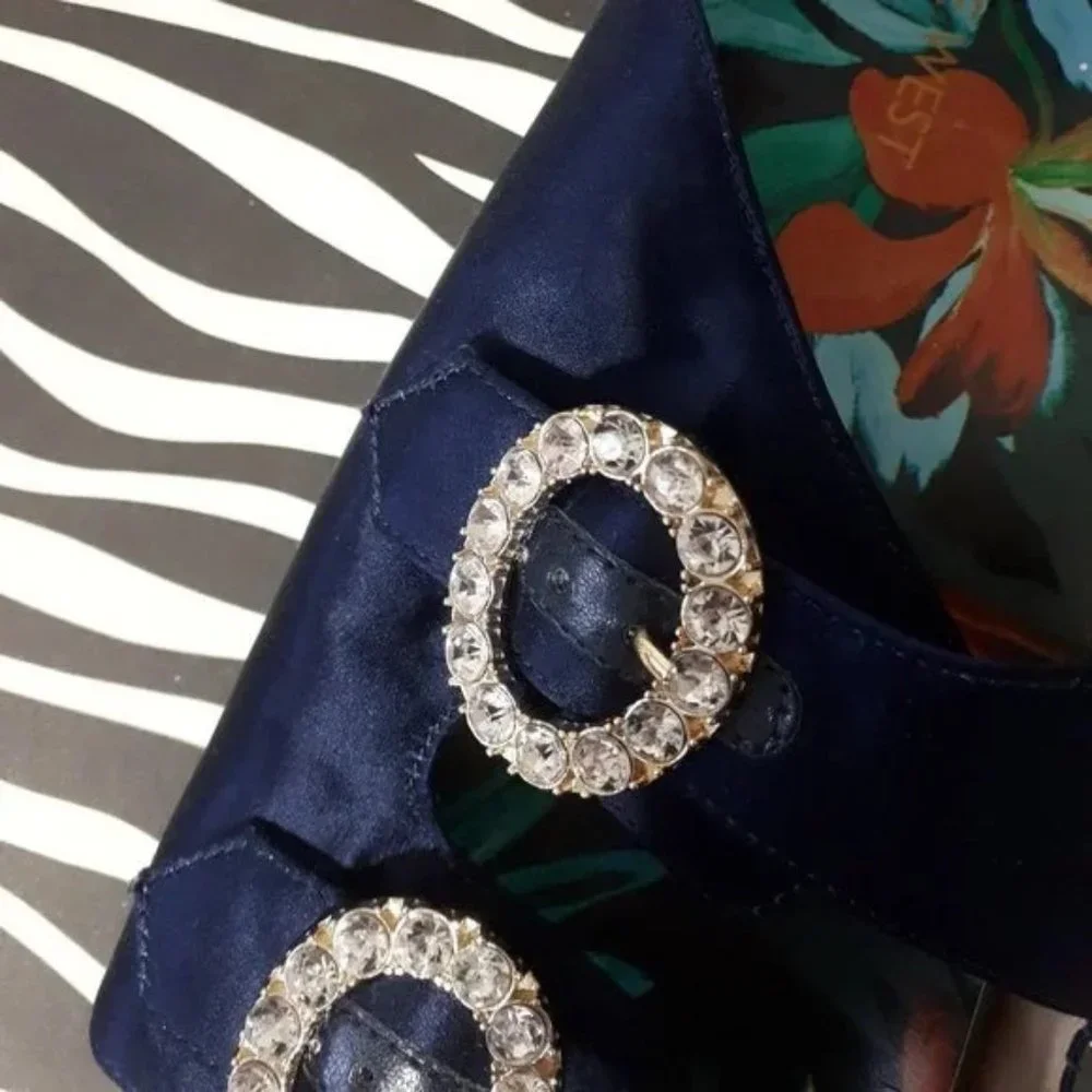 Nine West navy Satin slides with diamanté buckle, "I'll Wait" slide EUC - Picture 3 of 6